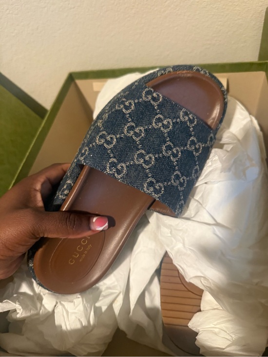 Gucci Shoes - Gucci Denim GG Logo Slide Sandals in Blue with Brown Footbed